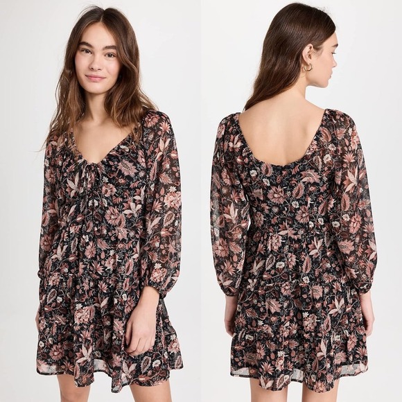 Madewell Amalia Tiered Mini Dress Pampas Blooms Floral Long Sleeve Size XS 00 - Picture 2 of 6